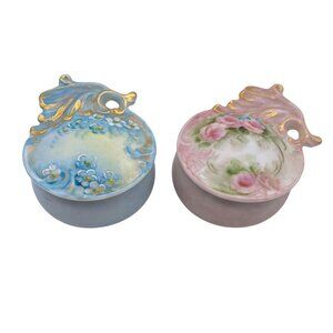 Vintage floral hand painted trinket dish boxes pink blue dresser box jewelry